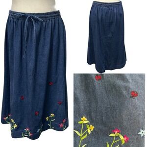 Vintage Chambray Denim Midi Skirt Y2K 90s Grunge Boho Size L P Floral Ladybug